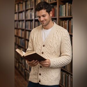 Vintage Men's Cream Cable Knit Sweater EUC